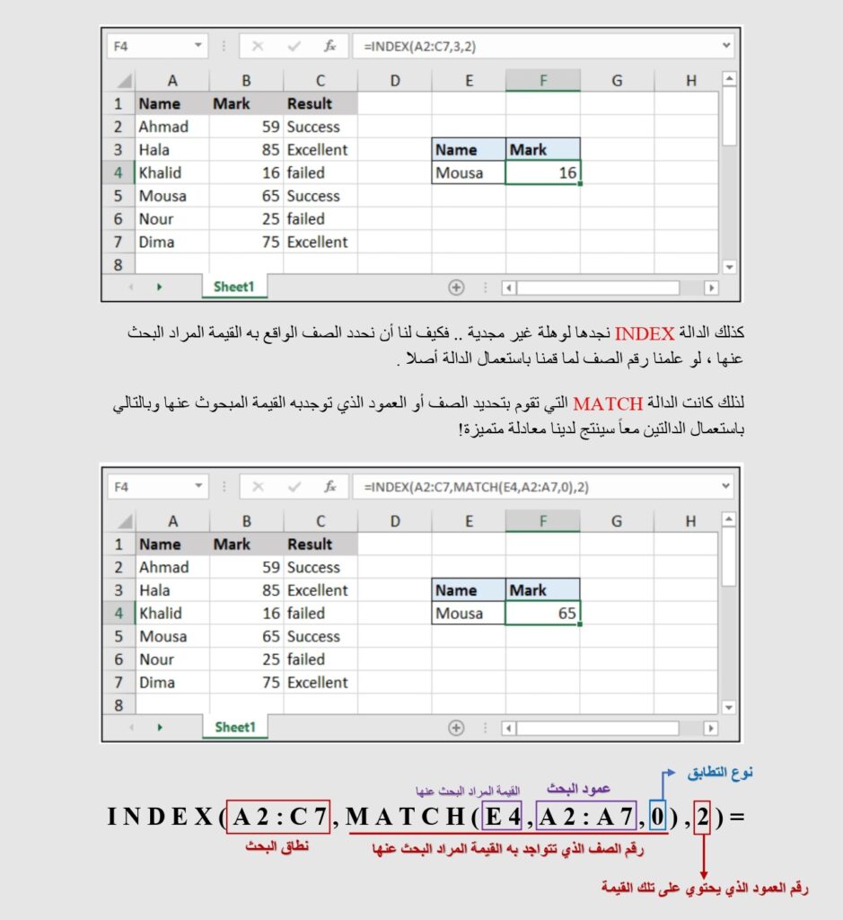 البحث باستخدام مزيج الدالتين MATCH - INDEX