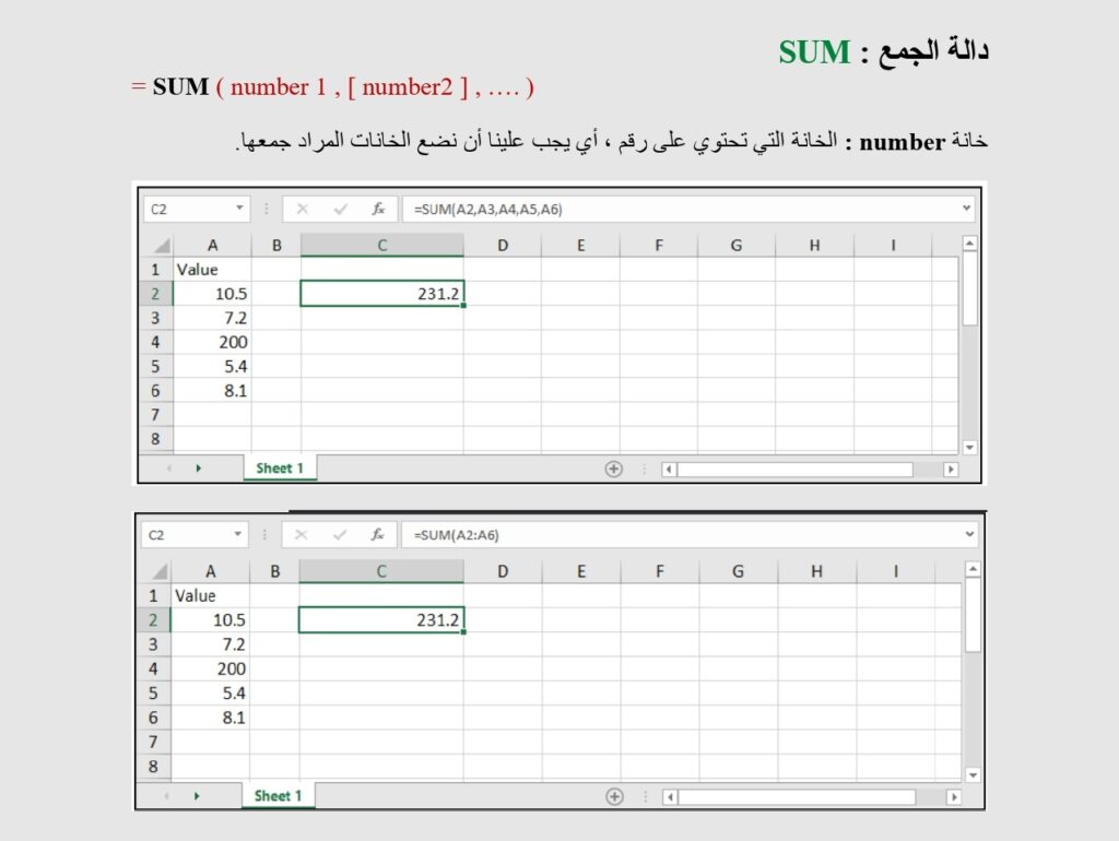 دالة الجمع  SUM 