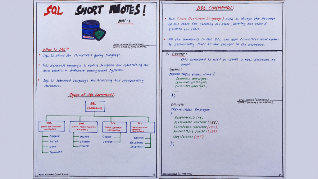 SQL Short Notes Handwritten