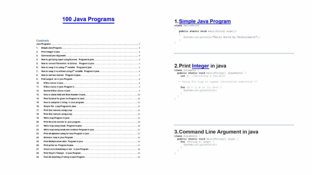 Java Programs 100 Programs PDF Sheet for Coding Practice